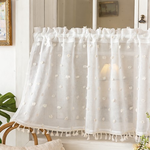 White pompom net short curtain - pompom,